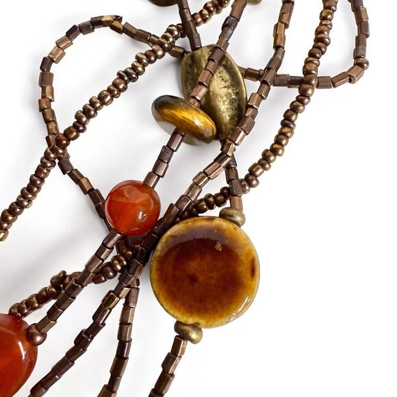 Coldwater Creek Carnelian Agate Tiger’s Eye Multi Strand Necklace Boho Bronze - Picture 5 of 9